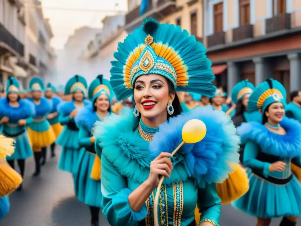 Desfile vibrante en el Carnaval Uruguayo con carrozas, trajes coloridos y música tradicional