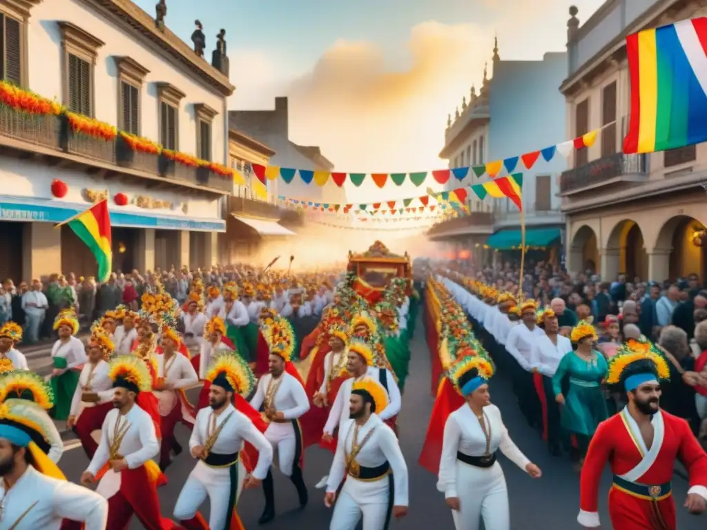 Desfile vibrante en el Carnaval Uruguayo: carrozas, trajes coloridos y bailarines energéticos