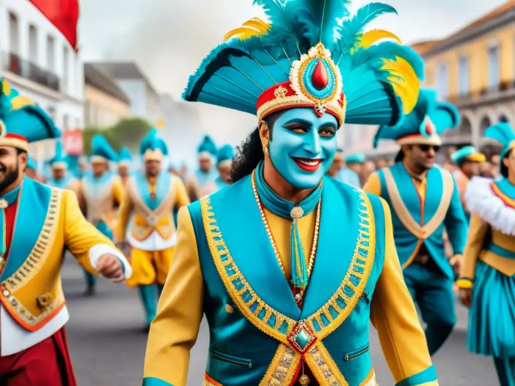 Desfile vibrante del Carnaval Uruguayo con coloridos carros alegóricos, bailarines y músicos