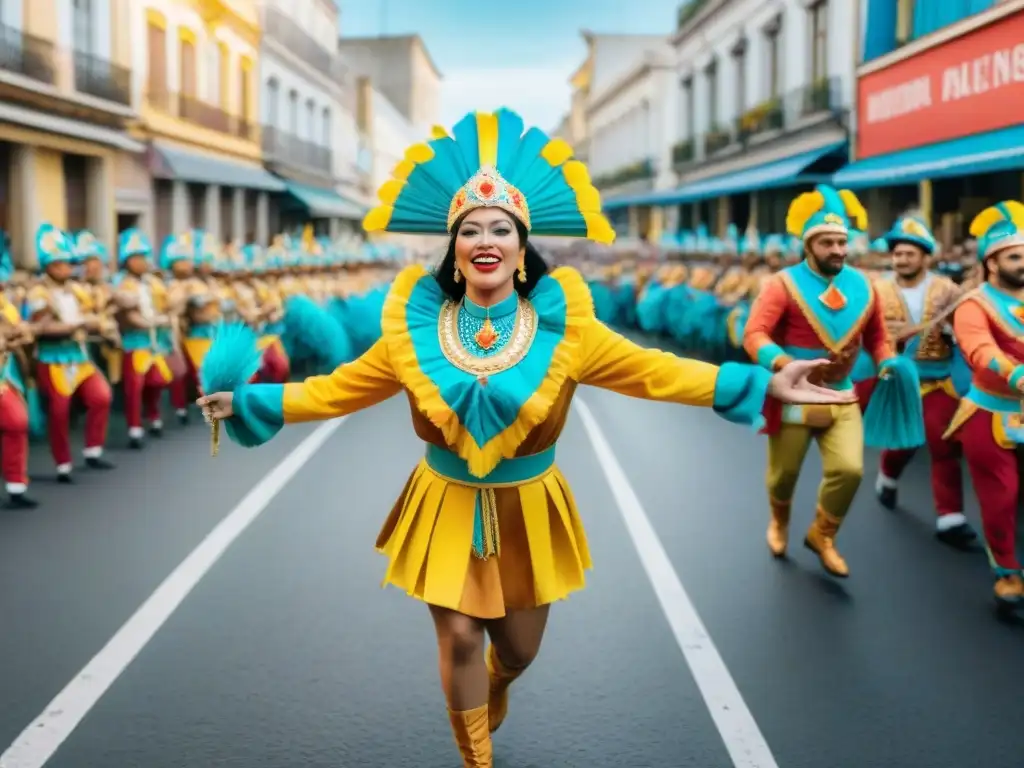 Desfile vibrante en el Carnaval Uruguayo, con carrozas coloridas, bailarines y espectadores alegres