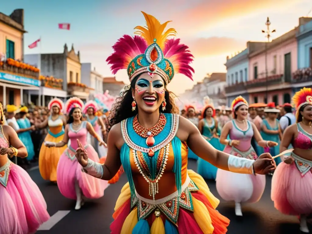 Desfile vibrante en Carnaval Uruguayo, reflejando ascenso socioeconómico