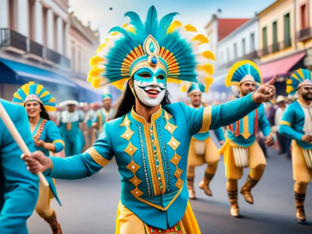 Desfile vibrante de Carnaval Uruguayo, con coloridos trajes y máscaras, danzas y música, mostrando desarrollo social