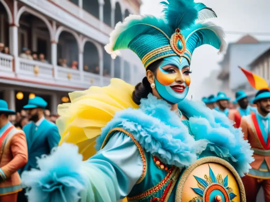 Desfile vibrante en Carnaval Uruguayo con trajes inspirados en moda retro y exuberante ambiente festivo