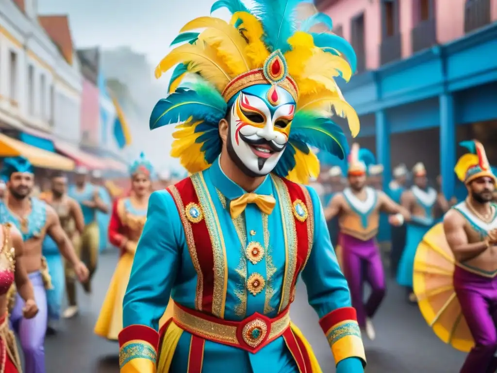 Un desfile vibrante del Carnaval Uruguayo con personajes destacados y coloridos