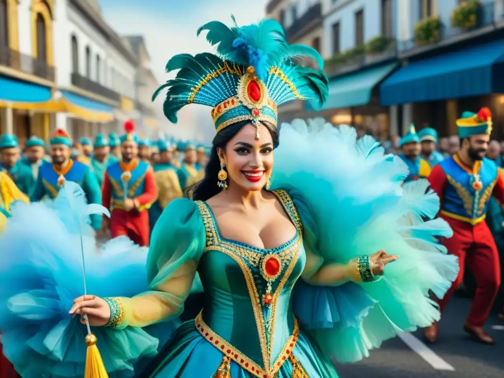 Desfile vibrante del Carnaval Uruguayo en vivo, con carrozas coloridas y artistas bailando en trajes llamativos