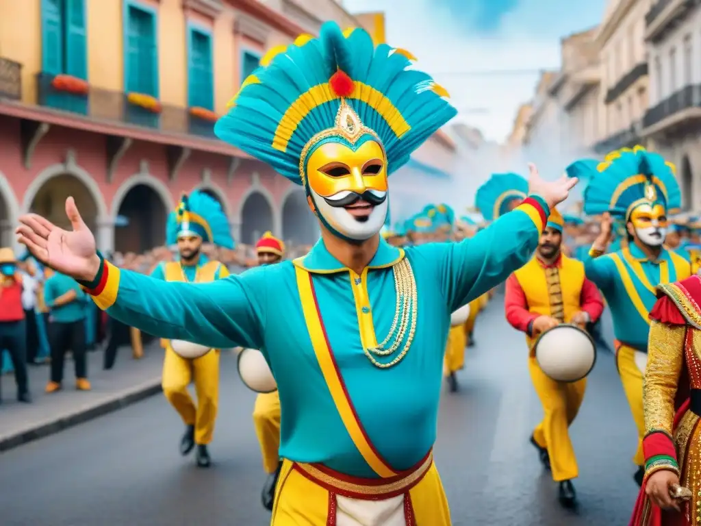 Un desfile vibrante durante el Carnaval Uruguayo, con coloridos trajes y máscaras, llenando las calles de alegría y comunidad