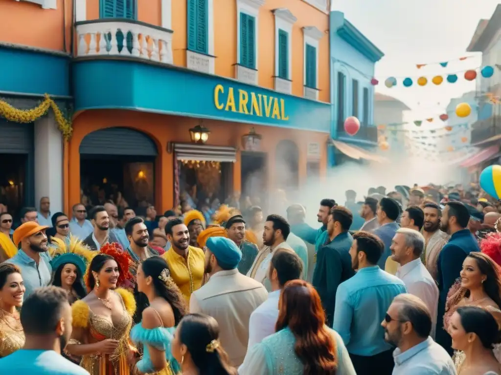 Desfile vibrante en Carnaval Uruguayo: flotas, músicos y bailarines en un bullicioso desfile callejero