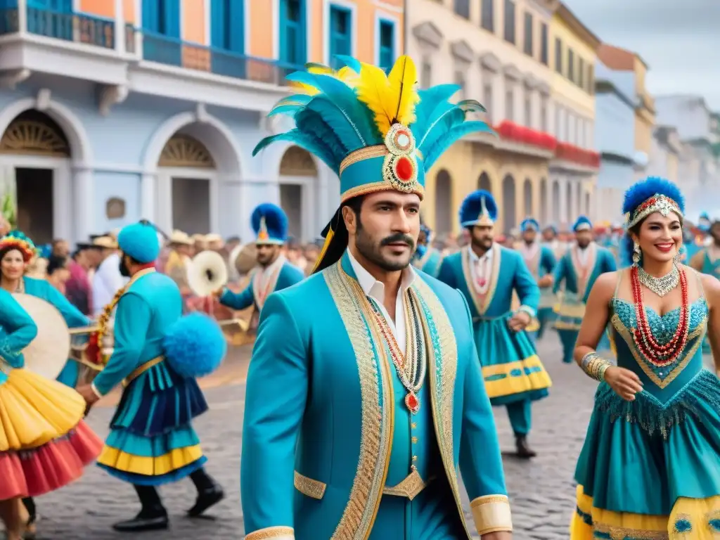 Desfile vibrante de Carnaval Uruguayo con redes sociales, aficionados y coloridos trajes