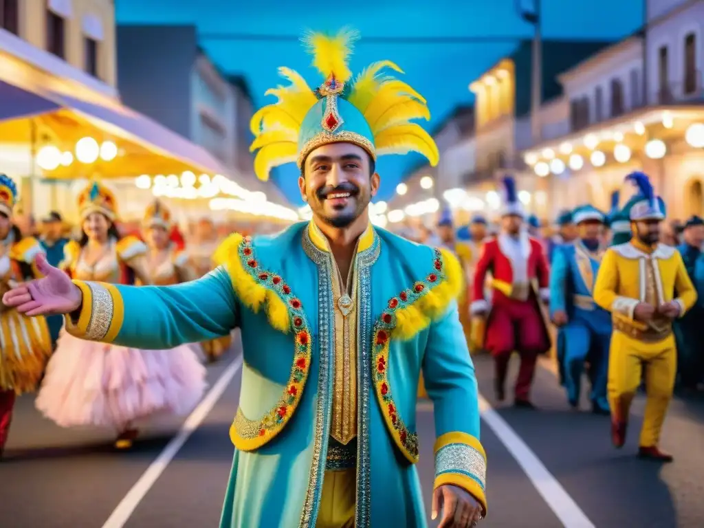 Desfile vibrante del Carnaval Uruguayo: una colorida y detallada escena de alegría y diplomacia cultural