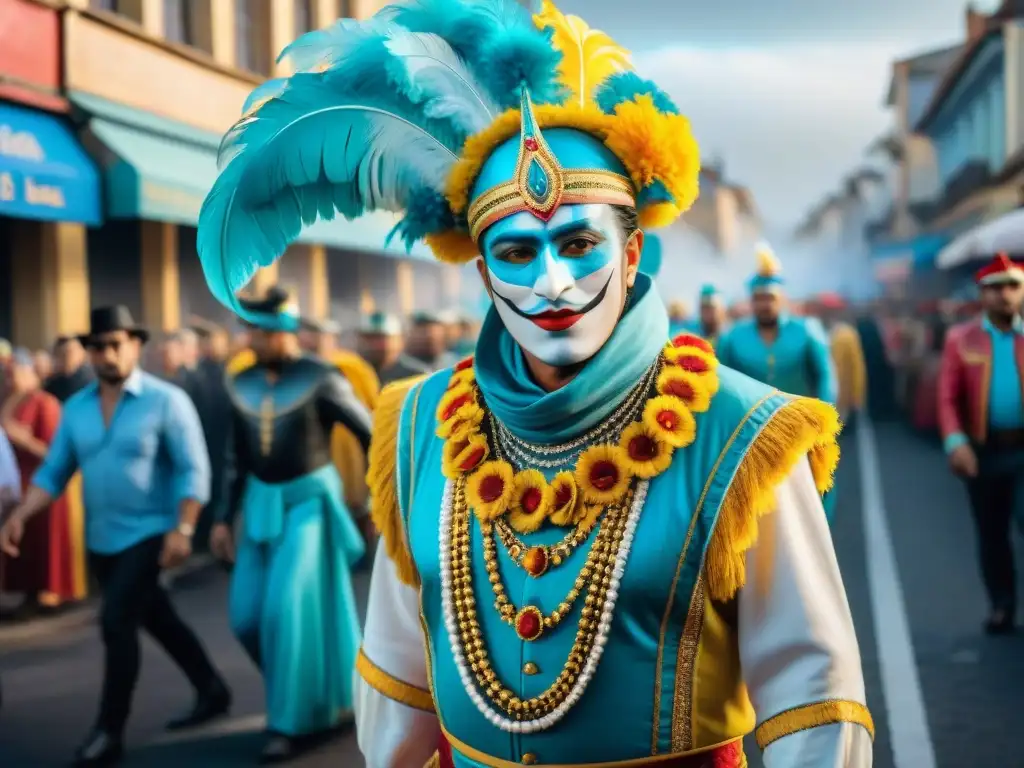 Desfile vibrante en Carnaval Uruguayo con influencia de música extranjera