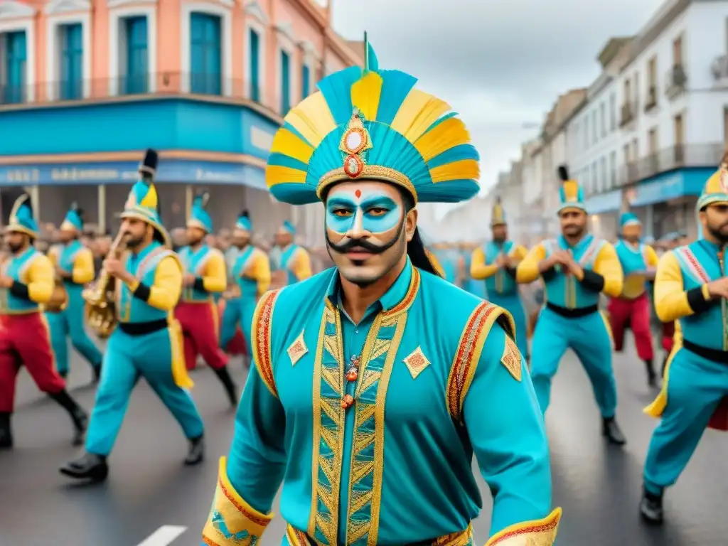 Desfile vibrante del Carnaval Uruguayo: carrozas coloridas, músicos, bailarines y espectadores