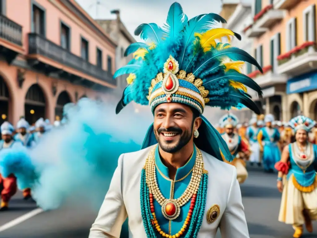 Desfile vibrante de Carnaval Uruguayo festivales internacionales con trajes coloridos y músicos alegres en las calles históricas