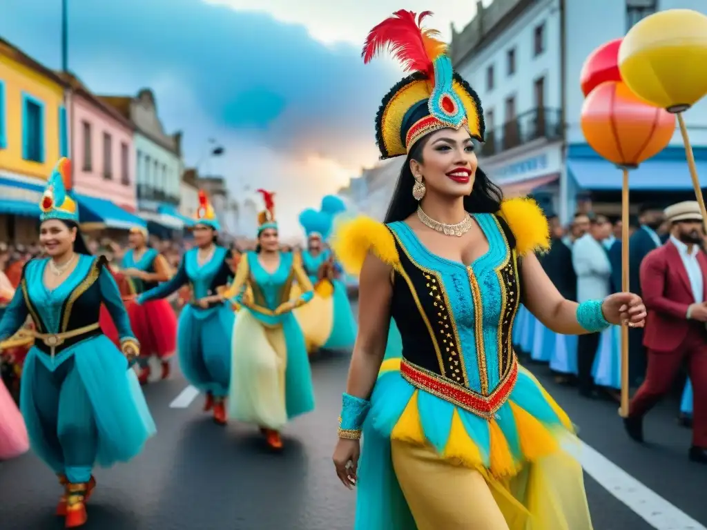 Desfile vibrante en el Carnaval Uruguayo con fusiones culturales y energía dinámica