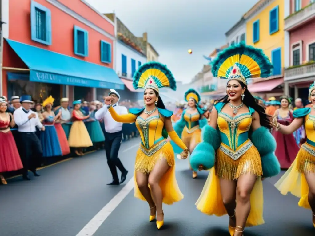 Desfile vibrante en Carnaval Uruguayo con innovaciones y coloridos disfraces en las calles llenas de espectadores emocionados