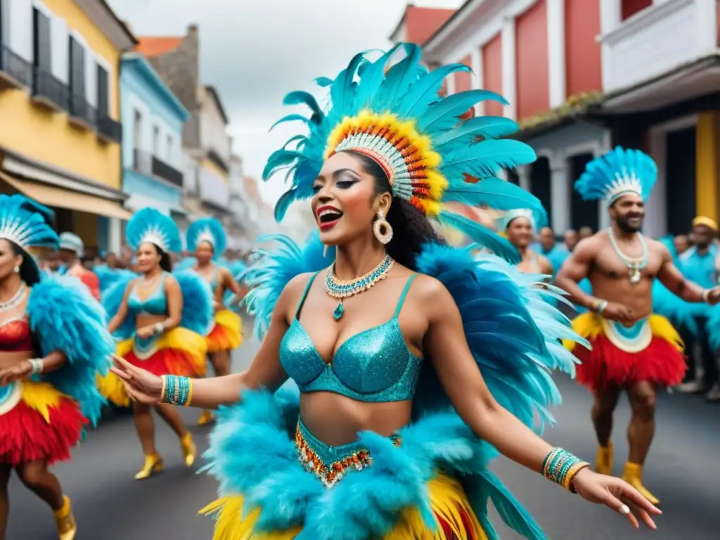 Desfile vibrante en Carnaval Uruguayo con influencia caribeña: bailarines, música y espectadores celebrando juntos