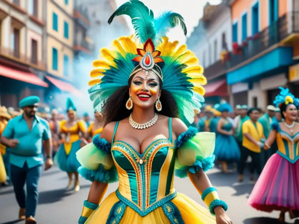 Desfile vibrante en el Carnaval Uruguayo con bailarines y música tradicional