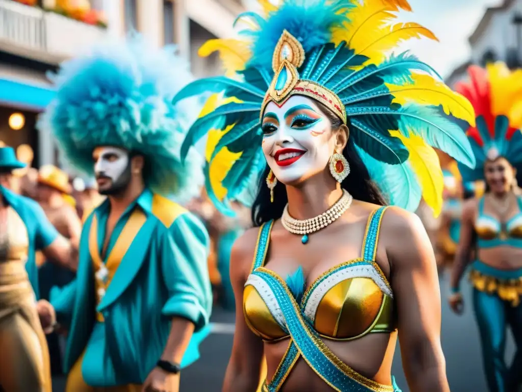 Desfile vibrante en el Carnaval Uruguayo con bailarines, carrozas coloridas y multitud animada