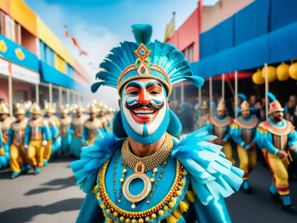 Desfile vibrante del Carnaval Uruguayo con carrozas y espectadores alegres bajo cielo azul