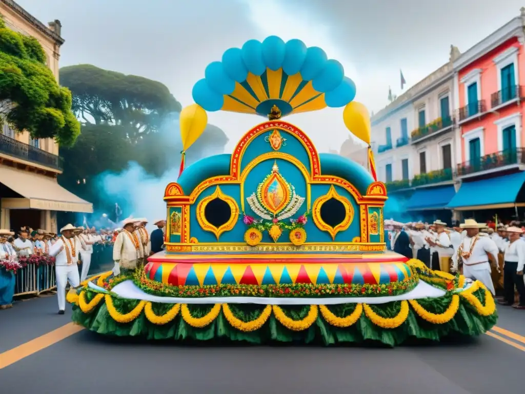 Desfile vibrante en el Carnaval Uruguayo, rodeado de entusiastas en trajes tradicionales y arquitectura colonial