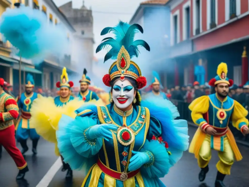 Desfile vibrante de Carnaval en Uruguay con vestuarios detallados