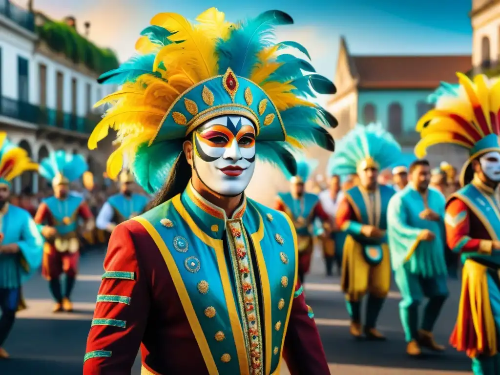 Desfile vibrante en Carnaval de Uruguay con vestuarios elaborados y movimientos dinámicos