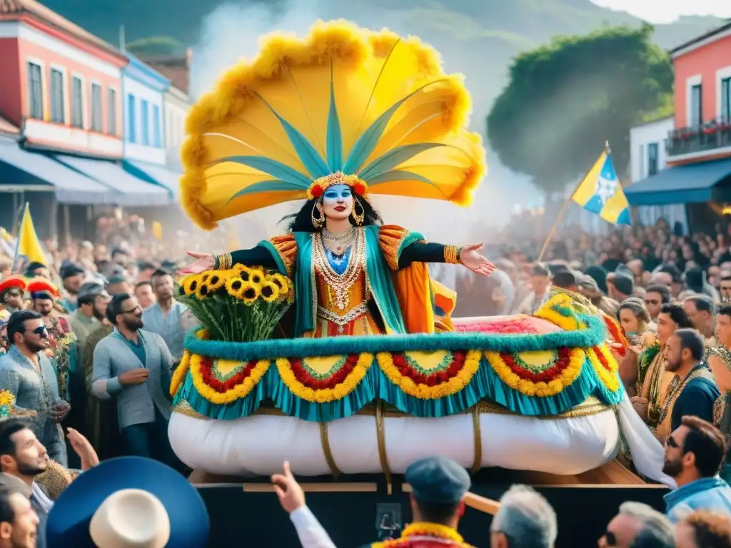 Desfile vibrante con carroza floral y danzas, en un ecocarnaval en Uruguay