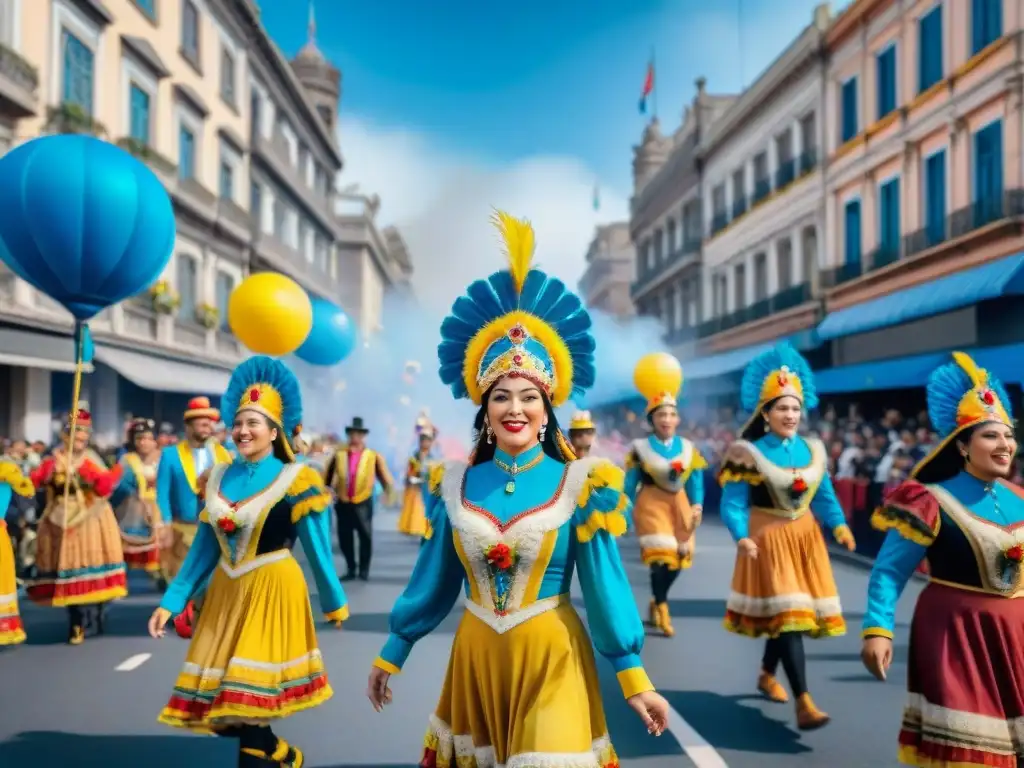 Desfile vibrante con carrozas coloridas y bailarines en trajes tradicionales en Montevideo durante el Carnaval