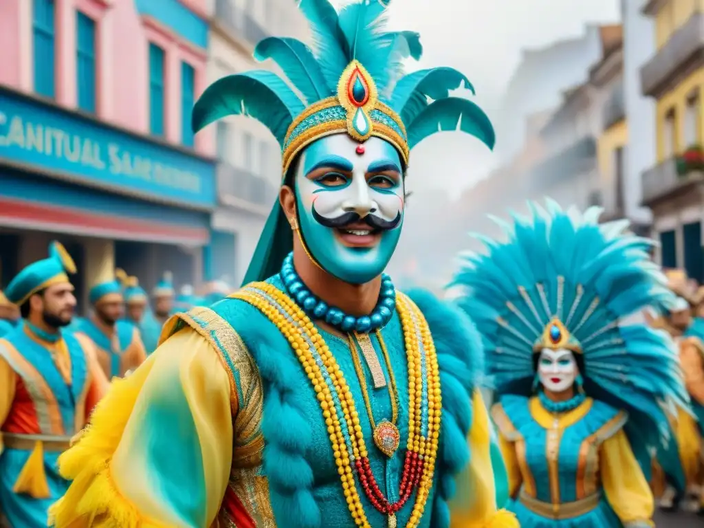 Desfile vibrante en Uruguay, con carrozas coloridas, bailarines y espectadores disfrutando del ambiente festivo