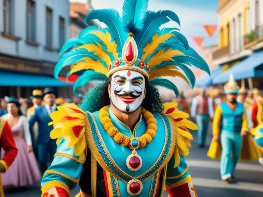 Desfile vibrante en Uruguay, con carrozas coloridas y bailarines, reflejando la creatividad de los Diseñadores Carnaval Uruguayo innovadores