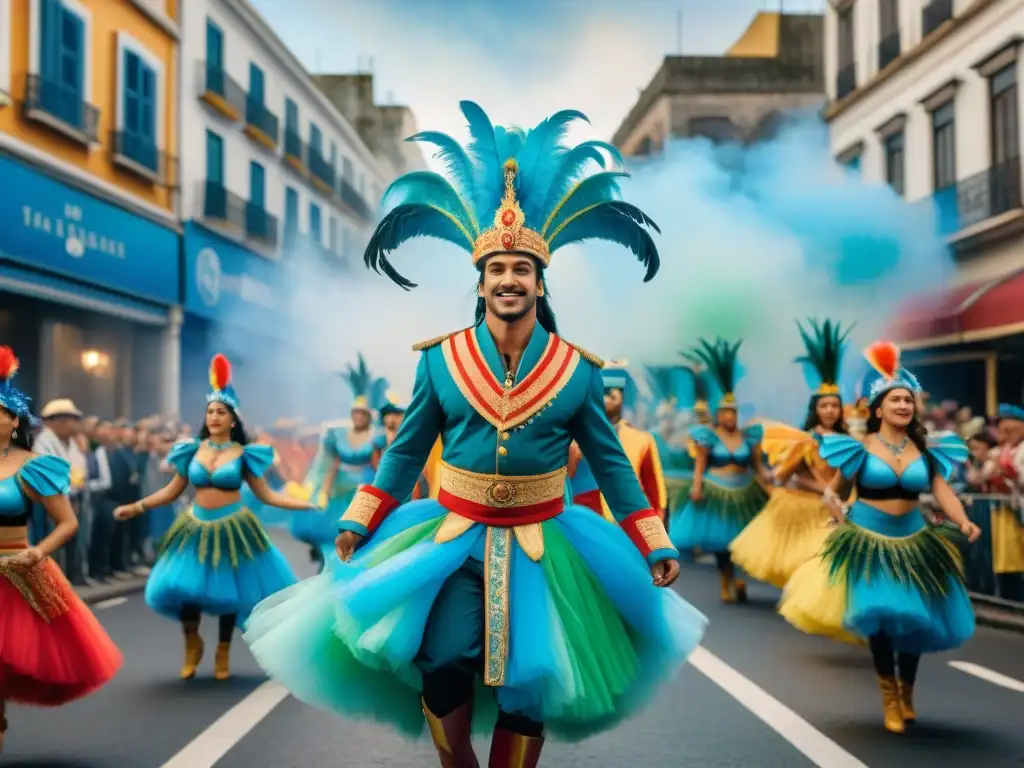 Desfile vibrante con carrozas y trajes coloridos en el Carnaval Uruguayo