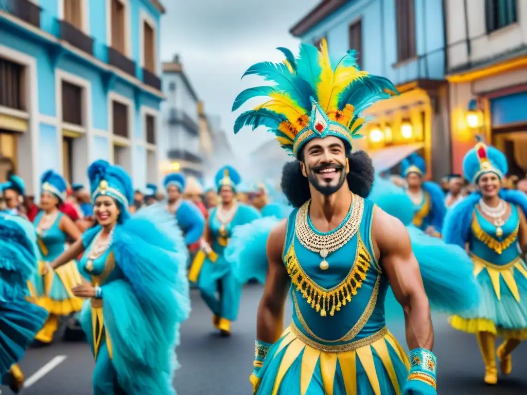 Desfile vibrante y colorido del Carnaval Uruguayo con carrozas detalladas, bailarines y músicos, celebrando Antologías poéticas Carnaval Uruguayo