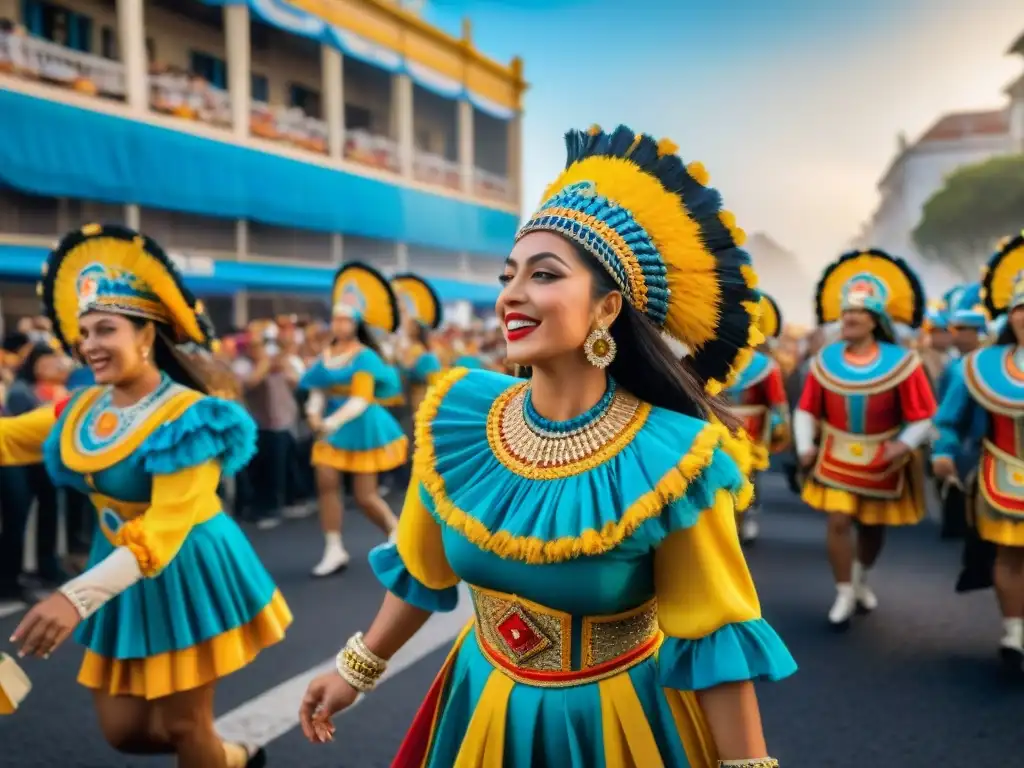 Desfile vibrante y colorido del Carnaval Uruguayo, con bailarines y músicos, transmitiendo la energía festiva