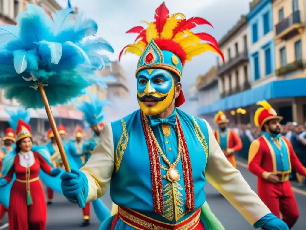 Desfile vibrante y colorido del Carnaval Uruguayo con flotantes detallados y artistas con trajes alegres