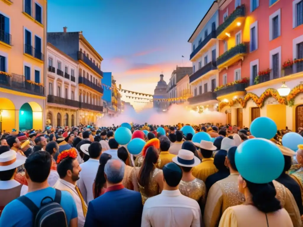 Un desfile vibrante y colorido en el Carnaval Uruguayo, con trajes tradicionales, carrozas decoradas y música alegre