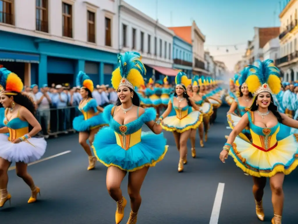 Un desfile vibrante y colorido durante el Carnaval en Uruguay, reflejando la resiliencia del Carnaval Uruguayo