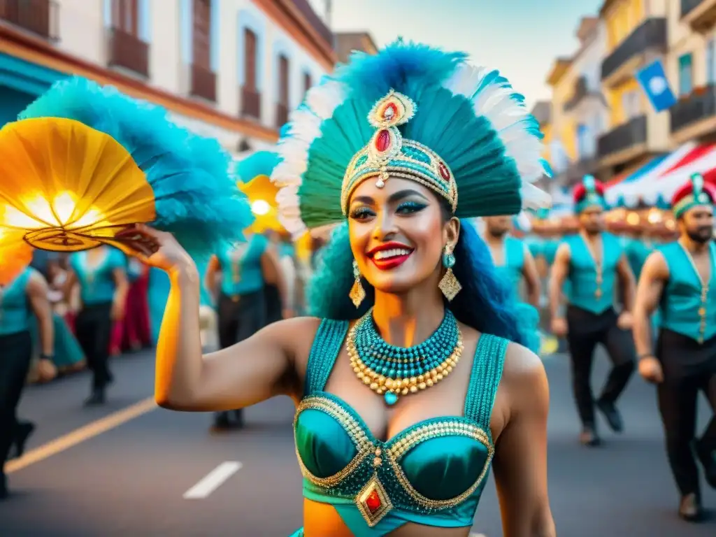 Desfile vibrante y colorido del Carnaval Uruguayo, con músicos, danzarines y espectadores disfrutando la fiesta