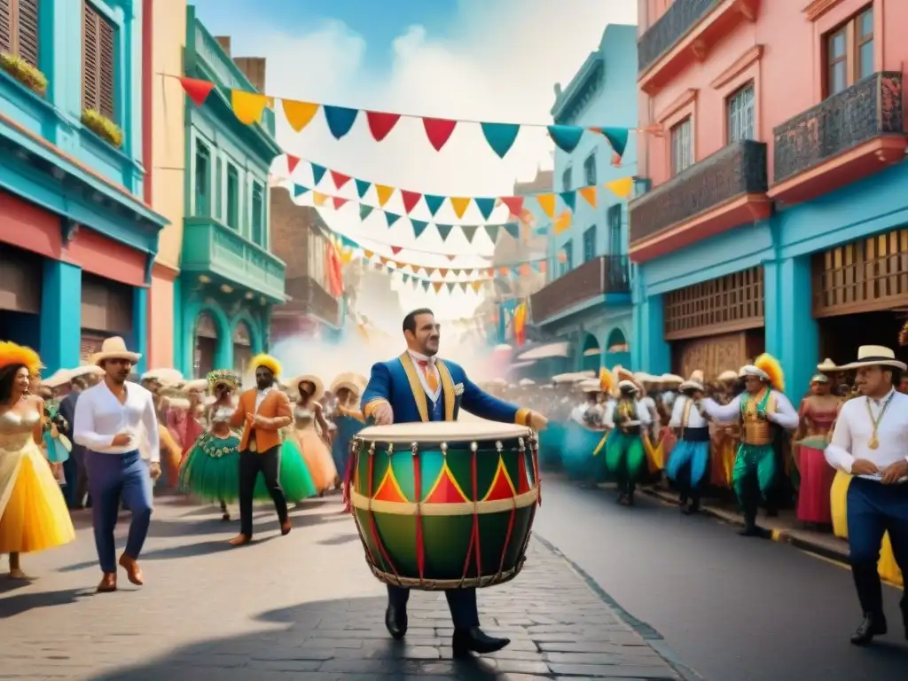 Desfile vibrante y colorido en Montevideo durante el Carnaval, influencia música extranjera Carnaval Uruguayo