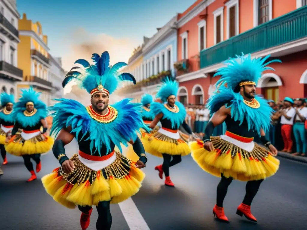 Desfile vibrante de comparsas en el Carnaval Uruguayo, lleno de energía y color