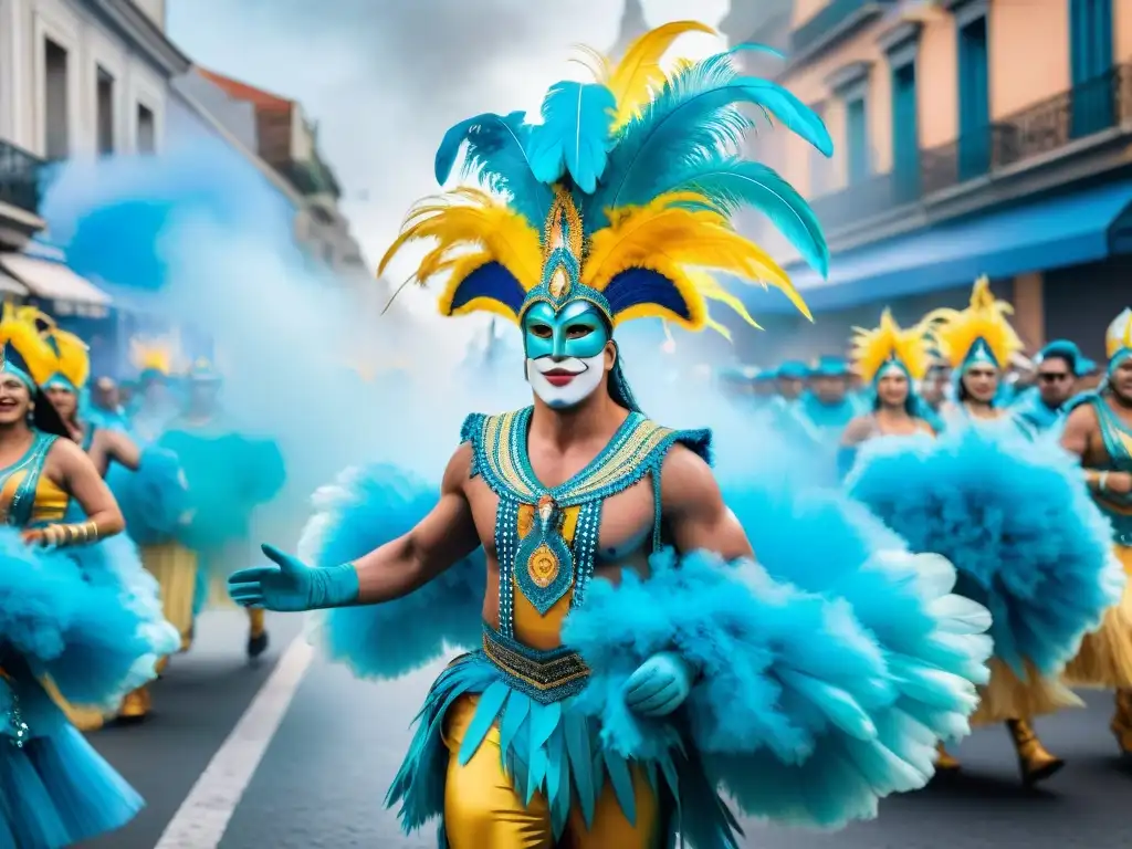 Un desfile vibrante de comparsas en el Carnaval Uruguayo, con trajes coloridos y música alegre