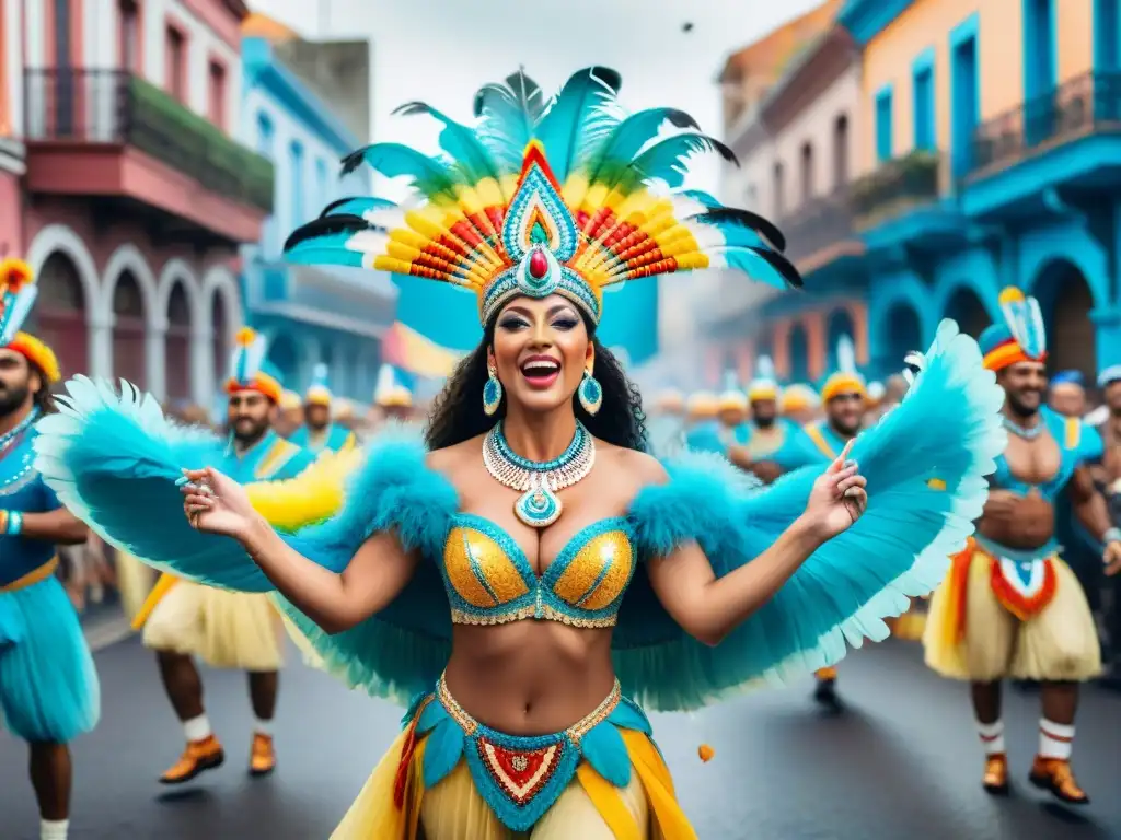 Desfile vibrante de comparsas en Carnaval Uruguayo, preservación tradición