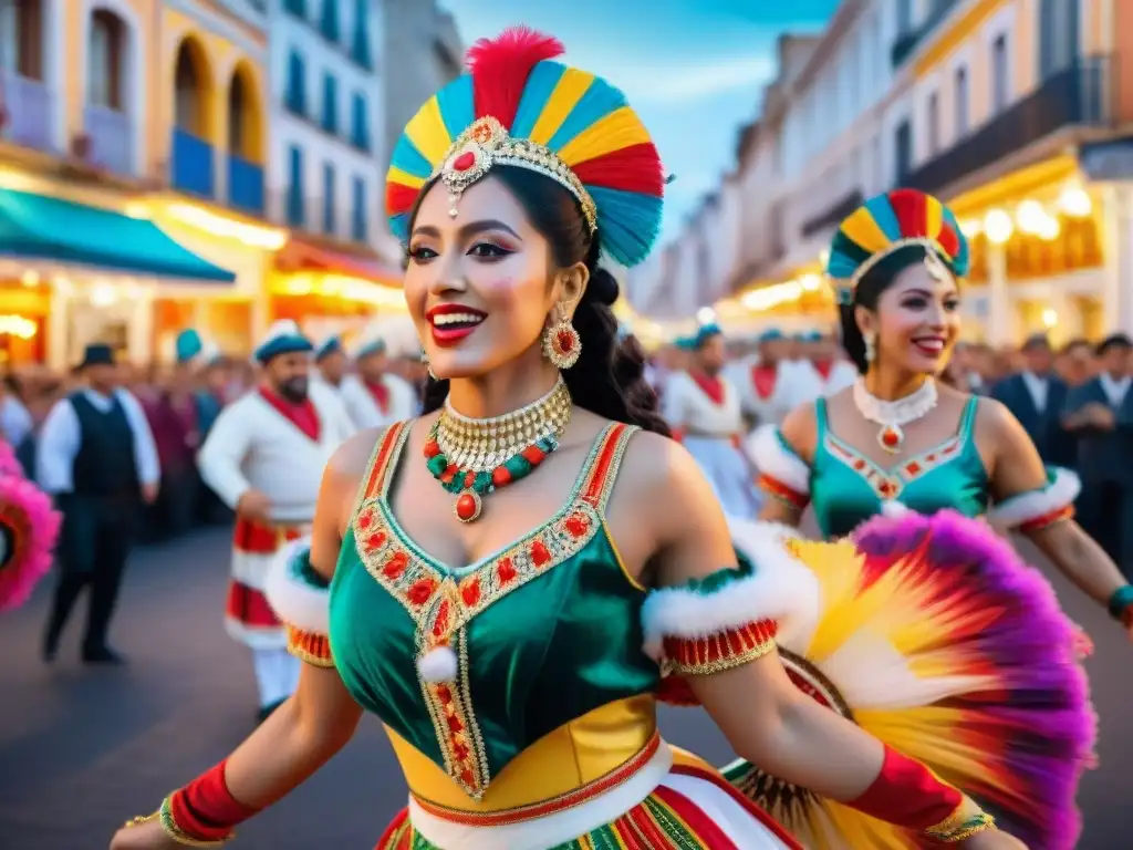 Desfile vibrante de comparsas del Carnaval Uruguayo, preservación de la tradición con coloridos trajes y festiva atmósfera callejera