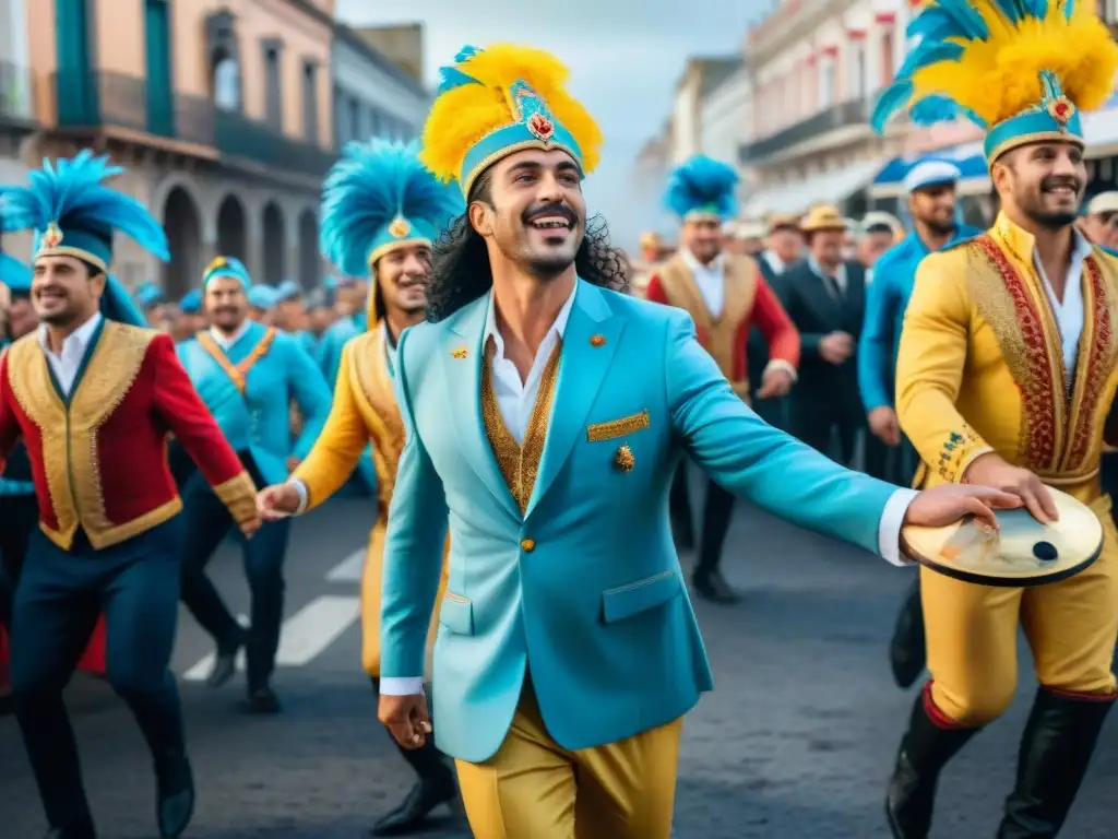 Desfile vibrante de comparsas en el Carnaval Uruguayo, fusionando tradición y expresión artística