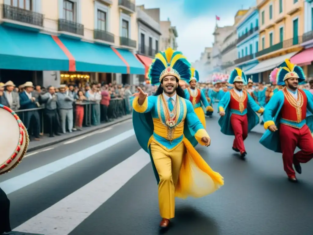 Desfile vibrante de comparsas en el Carnaval Uruguayo, historia y alegría en Montevideo