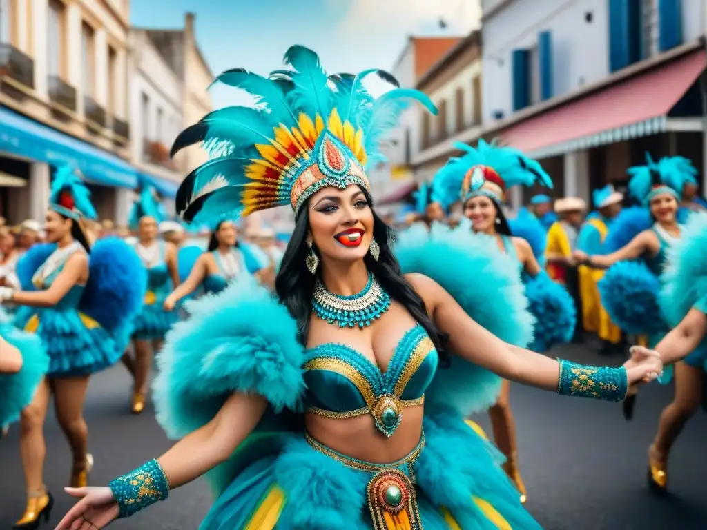 Desfile vibrante de comparsas en Carnaval Uruguay, origen de la tradición festiva