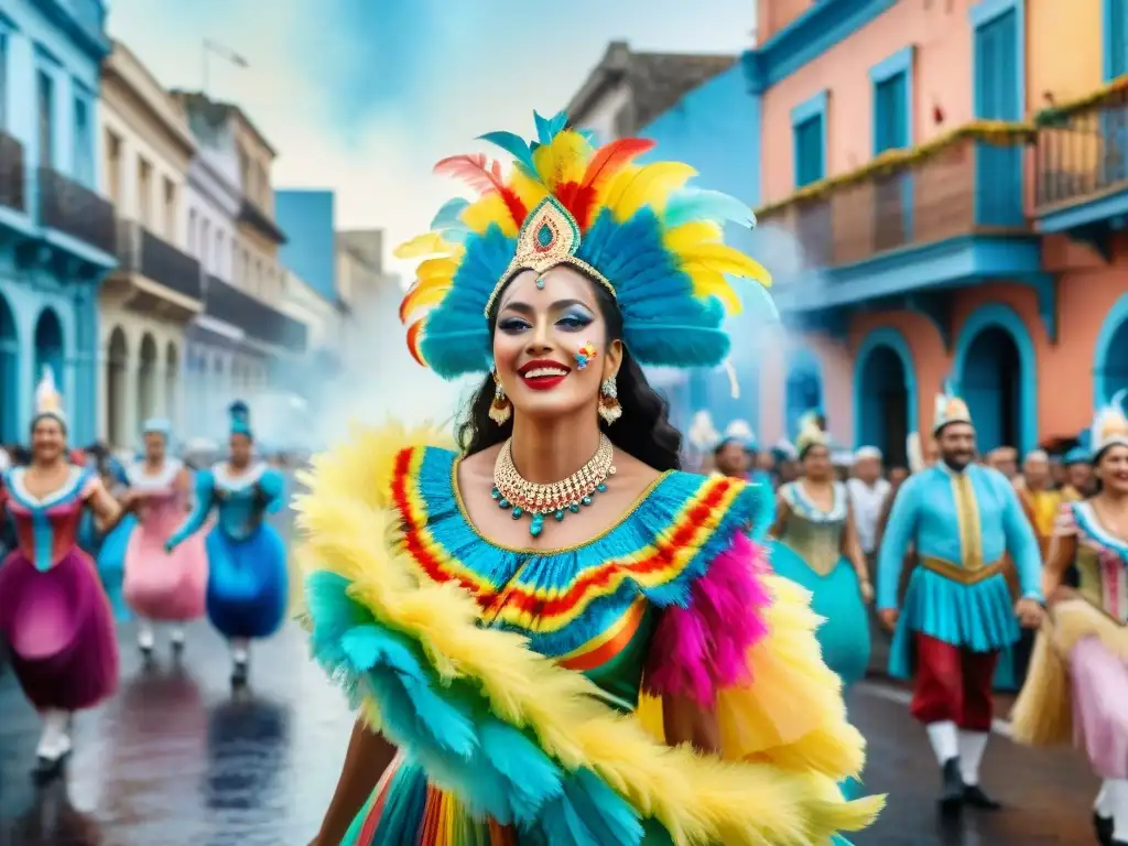 Un desfile vibrante de comparsas en Uruguay, con trajes coloridos y movimientos energéticos