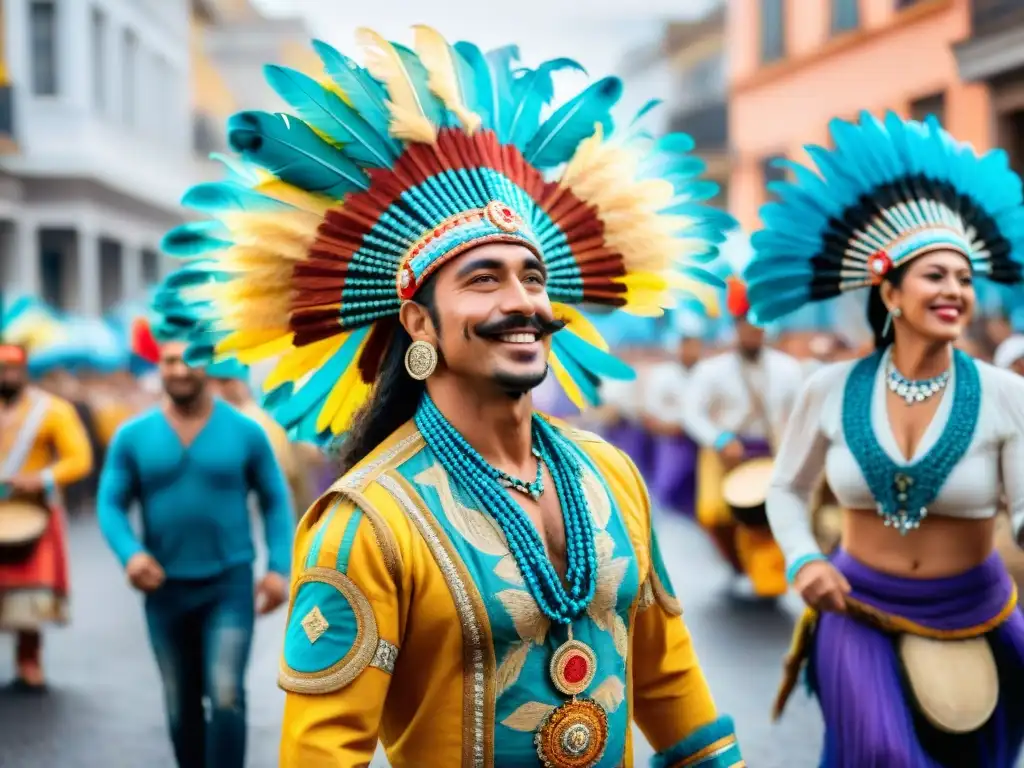 Desfile vibrante de comparsas en Uruguay, con trajes detallados y bailarines alegres