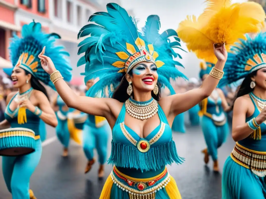 Un desfile vibrante de comparsas uruguayas, con mujeres en trajes llamativos bailando al ritmo de tambores