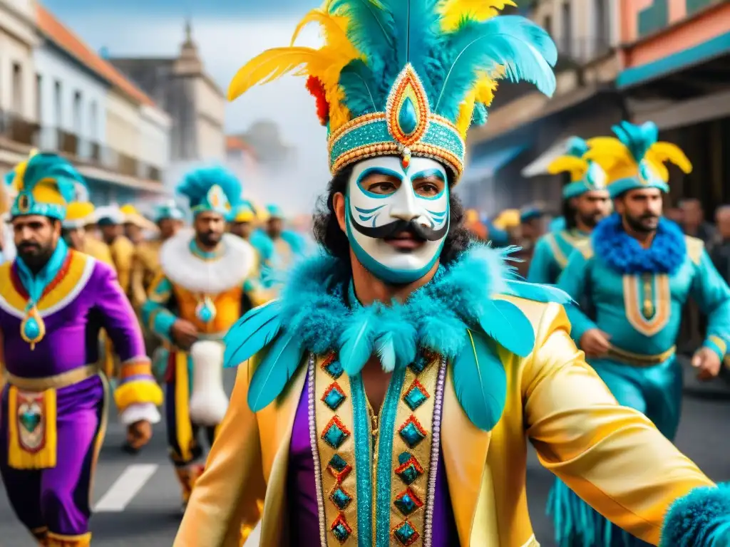 Desfile vibrante y detallado del Carnaval en Uruguay, destacando la riqueza y significado de los trajes