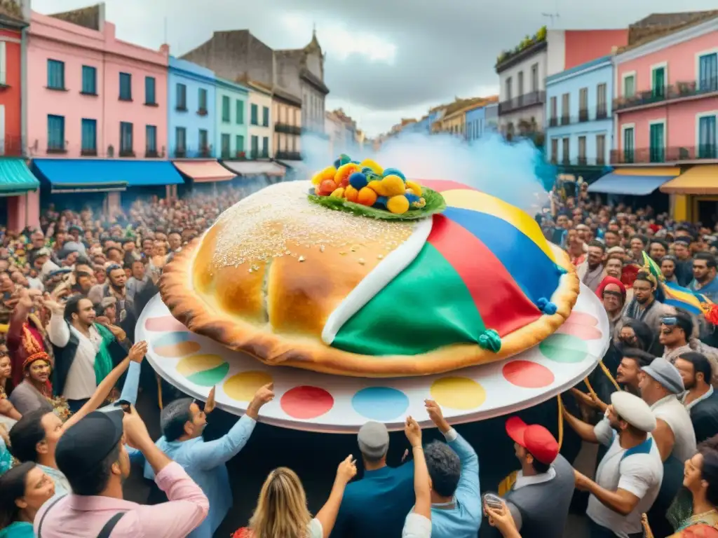 Desfile vibrante de la gastronomía carnavalesca en Uruguay: flotando empanada gigante rodeada de músicos y bailarines coloridos