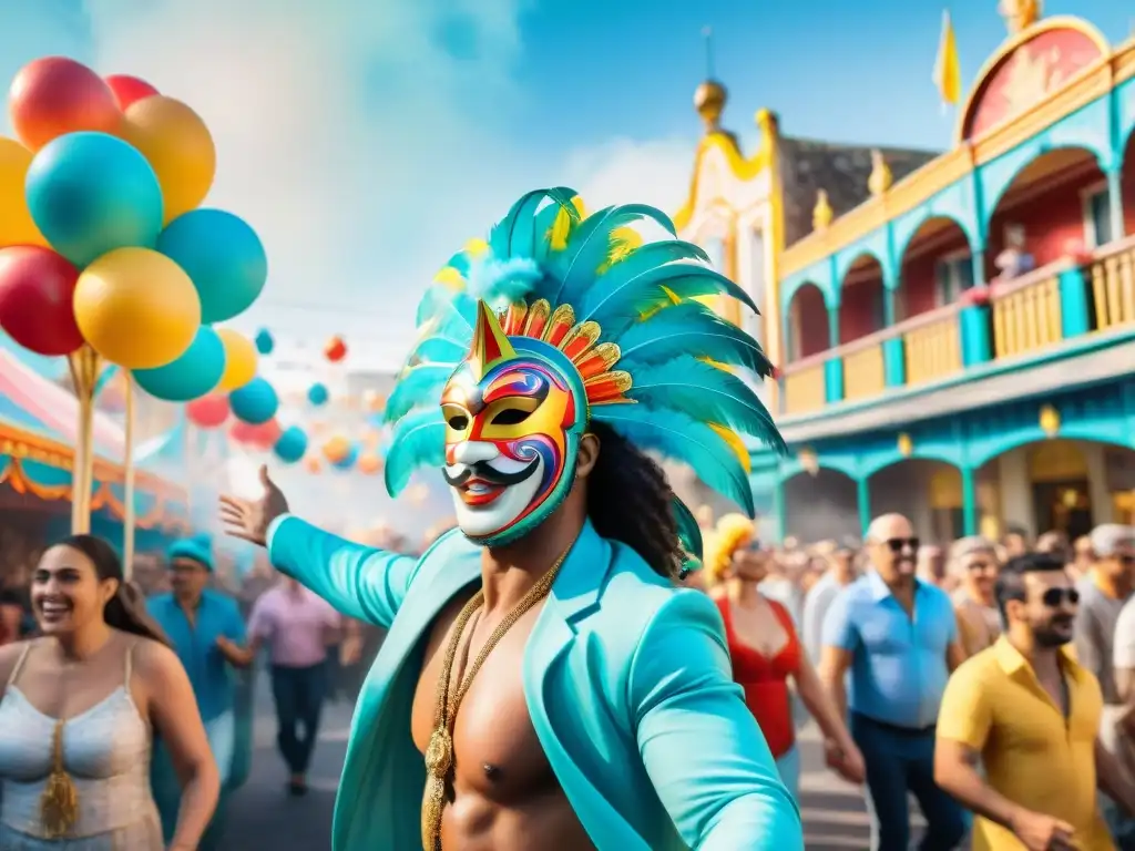 Desfile vibrante de Emprendedores en el Carnaval Uruguayo: carrozas coloridas y espectadores alegres en las calles festivas